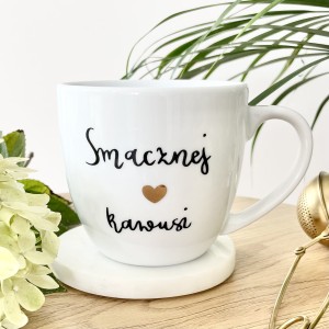 Kubek z napisem Smacznej Kawusi na prezent złote serce