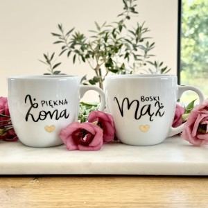 kubek Piękna Żona & BOSKI Mąż  ZESTAW 2x kubek Prezent na rocznicę ślubu pojemność do wyboru 