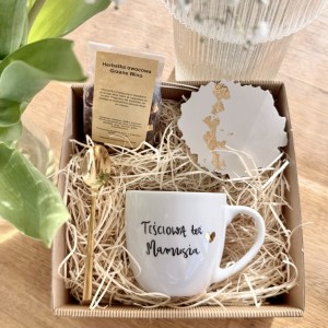 Gotowy Prezent dla teściowej mamy złote serce Kubek + podstawka BOX Prezentowy Teściowa też mamusia  podstawka Łyżeczka Prezent na dzień mamy (1)