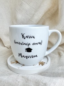 Kubek  GRATULACJE OBRONY MAGISTRA + IMIĘ Kubek prezent magistra absolwenta prezent na zakończenie szkoły 