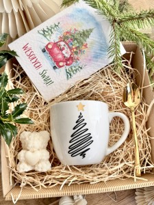 gotowy BOX ŚWIĄTECZNY Prezentowy kubek  CHOINKA Łyżeczka Świeczka Prezent na święta GRATIS KARTA BOŻONARODZENIOWA