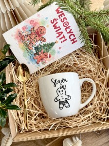 gotowy BOX ŚWIĄTECZNY Prezentowy kubek  STARA Łyżeczka Prezent na święta  z pierniczkiem piernikiem GRATIS KARTKA BOŻONARODZENIOWA 