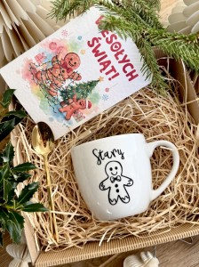 gotowy BOX ŚWIĄTECZNY Prezentowy kubek  STARY Łyżeczka Prezent na święta  z pierniczkiem piernikiem GRATIS KARTKA BOŻONARODZENIOWA 