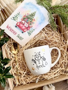 gotowy BOX ŚWIĄTECZNY Prezentowy kubek  ŚWIĄTECZNY KOTEK Łyżeczka Prezent na święta GRATIS KARTA BOŻONARODZENIOWA  