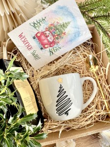 gotowy BOX ŚWIĄTECZNY Prezentowy kubek  CHOINKA Łyżeczka Herbata Prezent na święta GRATIS KARTA BOŻONARODZENIOWA 