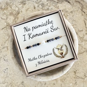 Bransoletka na I Komunię Świętą – szafir i perła na delikatnej nici | prezent od Matki Chrzestnej na Komunię