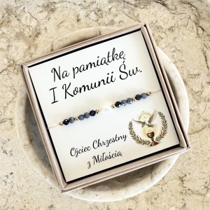 Bransoletka na I Komunię Świętą – szafir i perła na delikatnej nici | prezent od Ojca Chrzestnego na Komunię 