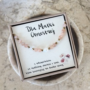 Bransoletka dla Matki Chrzestnej – kamień słoneczny, perła i kryształ górski na makramie | prezent z wdzięcznością na Komunię Chrzest ślub