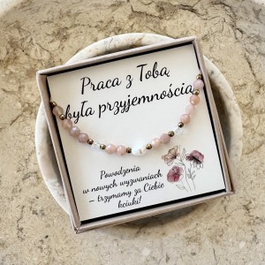 Bransoletka Praca z Tobą była przyjemnością na pożegnanie z pracy – kamień słoneczny, perła i kryształ górski | prezent z podziękowaniem