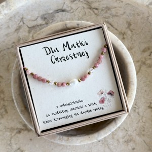Bransoletka dla Matki Chrzestnej – rodochrozyt, perła i kryształ górski | podziękowanie z wdzięcznością na Ślub Chrzest Komunię