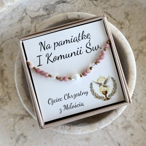 Bransoletka na I Komunię Świętą – rodochrozyt, perła i kryształ górski | prezent od Ojca Chrzestnego 