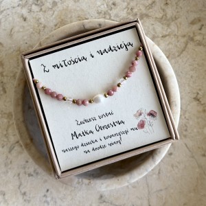 Bransoletka z prośbą o zostanie Matką Chrzestną – rodochrozyt, perła i kryształ górski | wyjątkowy prezent dla Matki Chrzestnej na Chrzest