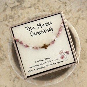 Bransoletka dla Matki Chrzestnej – rodochrozyt, kryształ górski i złoty krzyżyk hematyt | podziękowanie na Chrzest Komunię Bierzmowanie Ślub