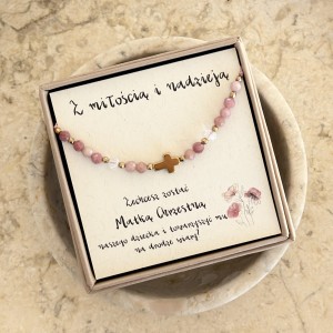 Bransoletka z prośbą o zostanie Matką Chrzestną – rodochrozyt, kryształ górski i złoty krzyżyk hematyt | wyjątkowy prezent