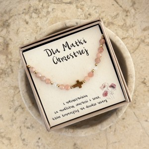 Bransoletka dla Matki Chrzestnej – kamień słoneczny, kryształ górski i złoty krzyżyk hematyt | podziękowanie dla Matki Chrzestnej na Ślub Wesele Komunię