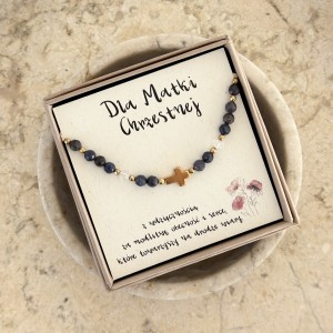 Bransoletka dla Matki Chrzestnej – szafir, kryształ górski i złoty krzyżyk hematyt | podziękowanie dla Matki Chrzestnej na Ślub Chrzciny Komunię