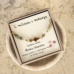 Bransoletka z prośbą o zostanie Matką Chrzestną – zielony granat, kryształ górski i złocony krzyżyk hematyt dla Matki Chrzestnej na Ślub Komunię Chrzest