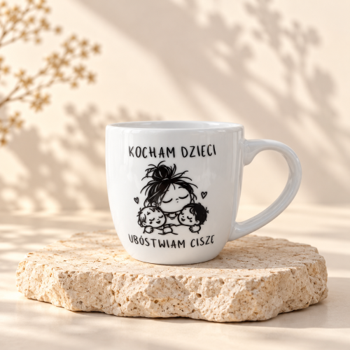 Kubek z napisem Kocham dzieci, ubóstwiam ciszę.png