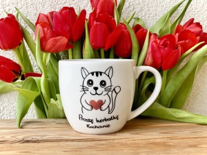 kubek z Kotem proszę herbatkę kochanie  prezent na walentynki kubek prezent dla chłopaka pojemność do wyboru herbata gar  SERCE
